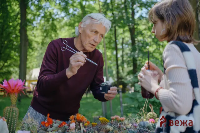 Older man with white hair showing a tool to a younger woman at an outdoor flower and cactus stall in a park setting; vibrant succulents and flowers in the foreground.