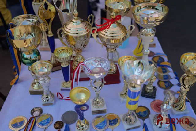 Trophies and medals arranged on a table at a competition, showcasing awards and ribbons.