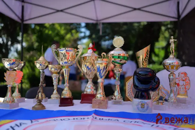 Several gold trophies arranged on a table at an outdoor awards event under a tent.