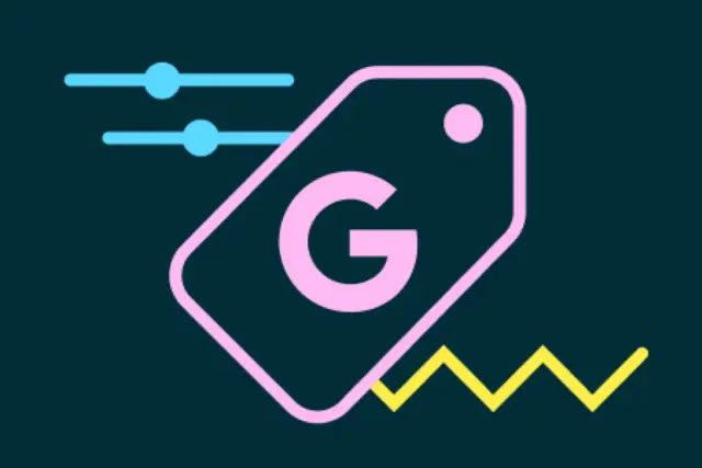 Logo showing a pink tag with a large G, blue sliders on the left, and a yellow zigzag line on a dark teal background.