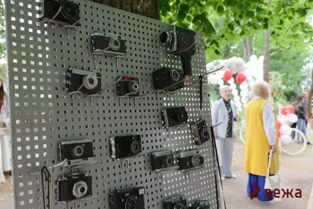 Collection of old cameras mounted on a perforated metal wall at an outdoor fair or festival image display.