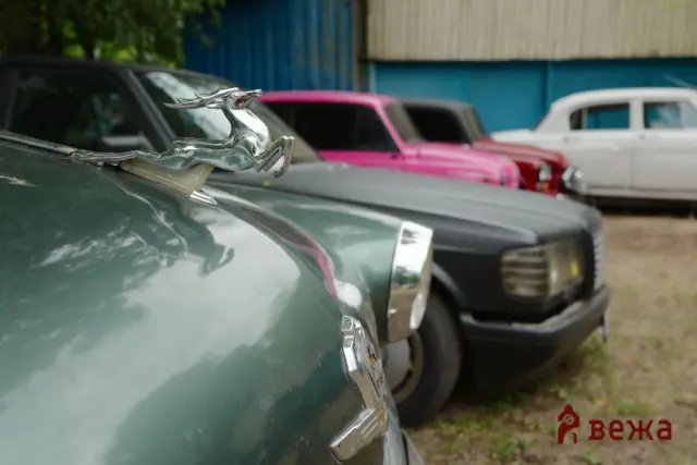 Chrome hood ornament on a green classic car, with pink and white vintage cars in the background, outdoors