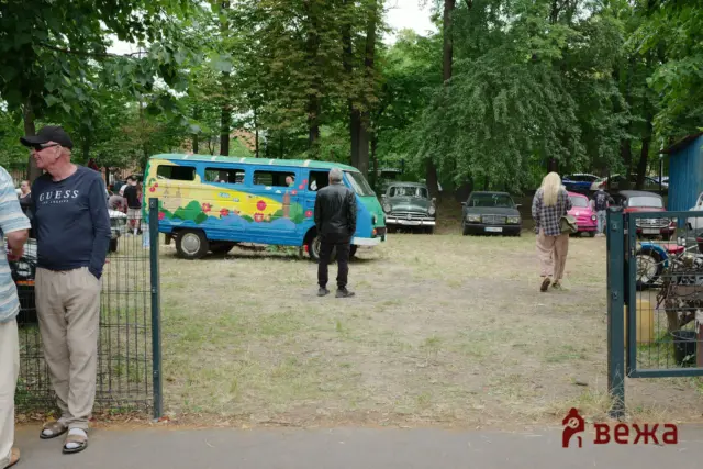 Colorful vintage van painted with flowers in a park, with people and trees around and a few classic cars nearby.