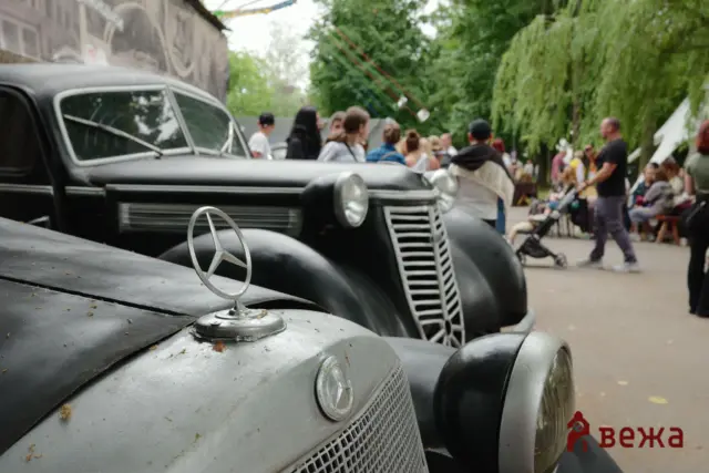 Close-up of vintage Mercedes cars lined up at an outdoor event, hood ornaments visible and a crowd in the background.