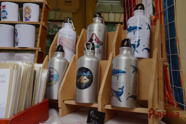 Row of aluminum water bottles with illustrated designs on a wooden display in a shop.