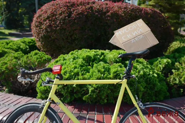 Yellow bicycle with a cardboard box strapped to the rear rack, parked near green shrubs and hedges.